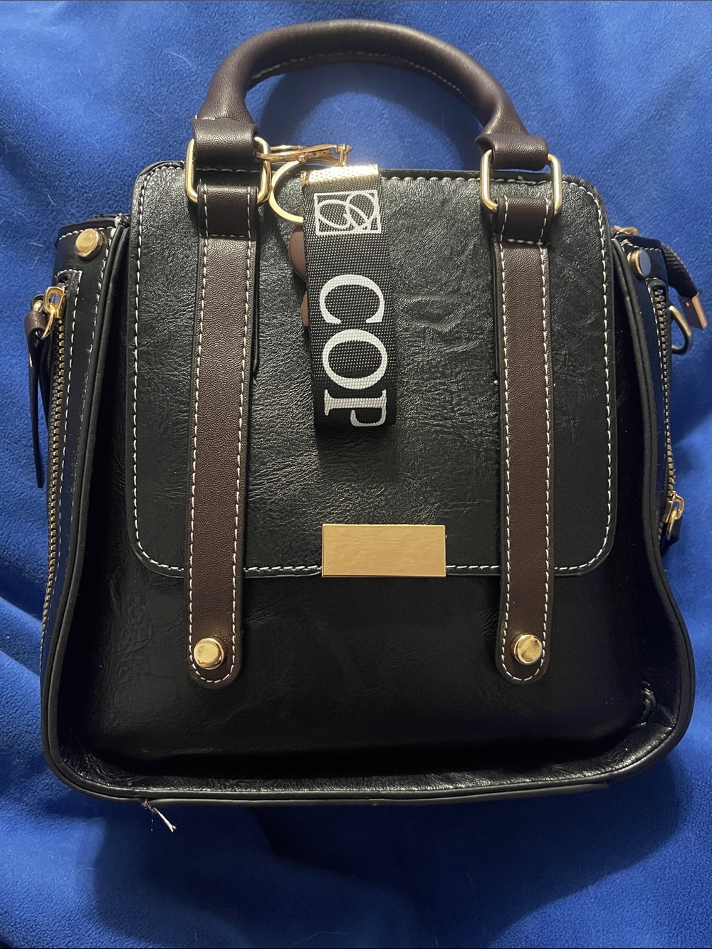 Black and Brown Structured Crossbody Satchel with Gold Accents